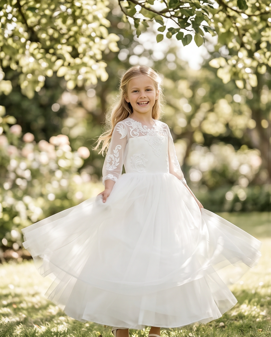 Young girl in a white lace dress standing outdoors with trees and sunlight in the background