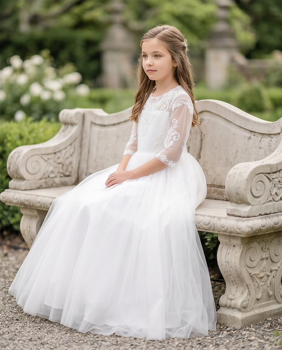 Young girl in a white dress sitting on a stone bench in a garden.