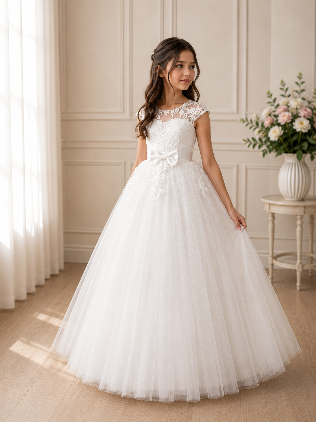 Ivory Tulle Lace Communion Dress with Bow | Vinam Boutique Australia