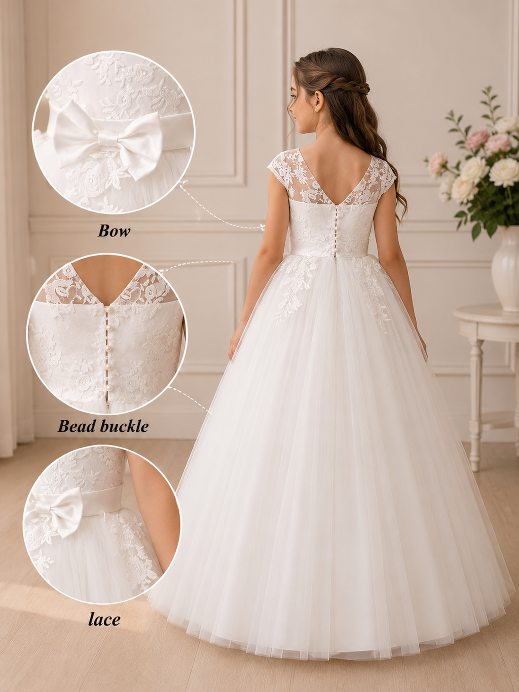 Ivory Tulle Lace Communion Dress with Bow | Vinam Boutique Australia