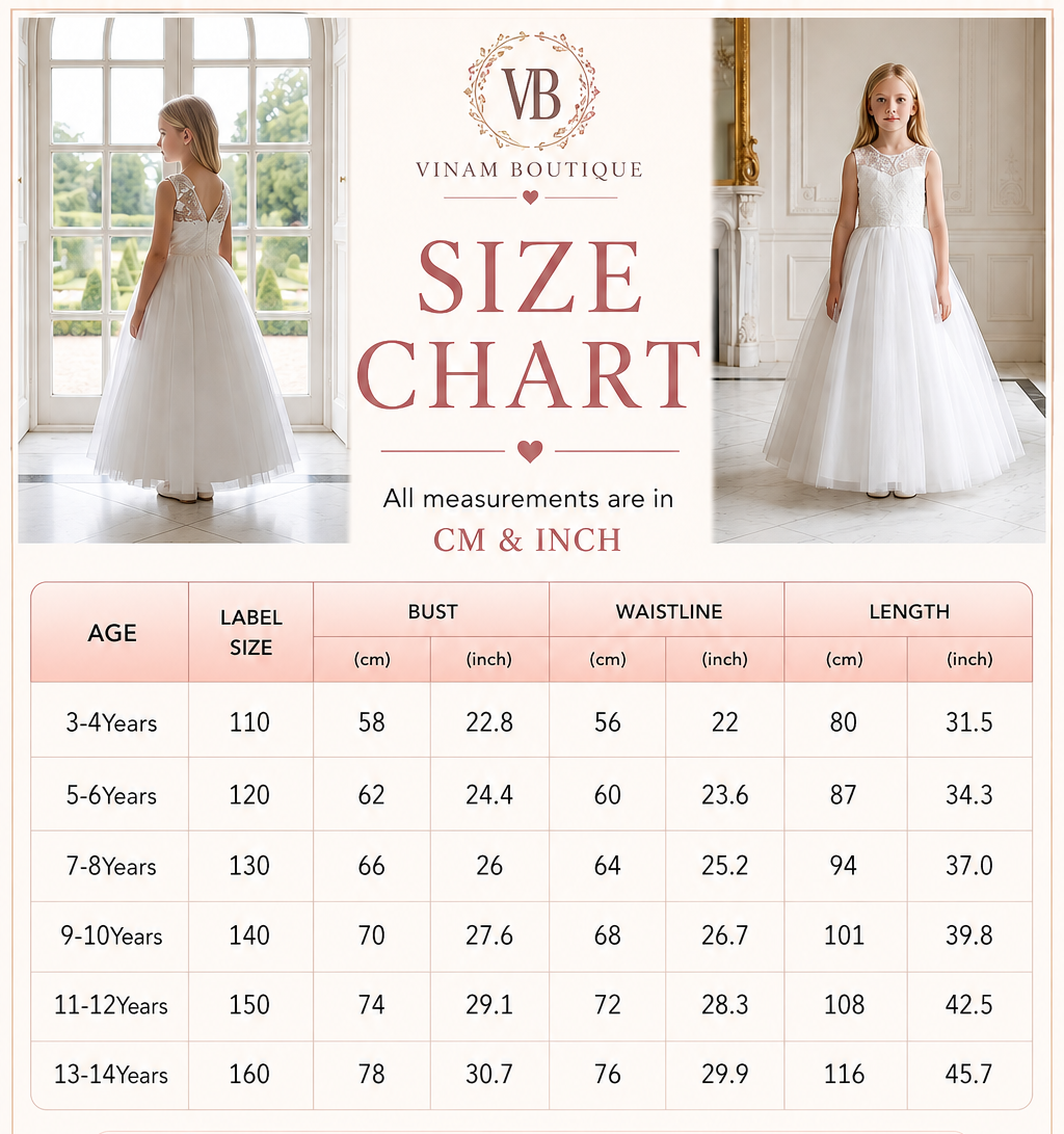 VINAM BOUTIQUE Size Chart - White 3D Floral Appliqué Communion Dress - All measurements in CM