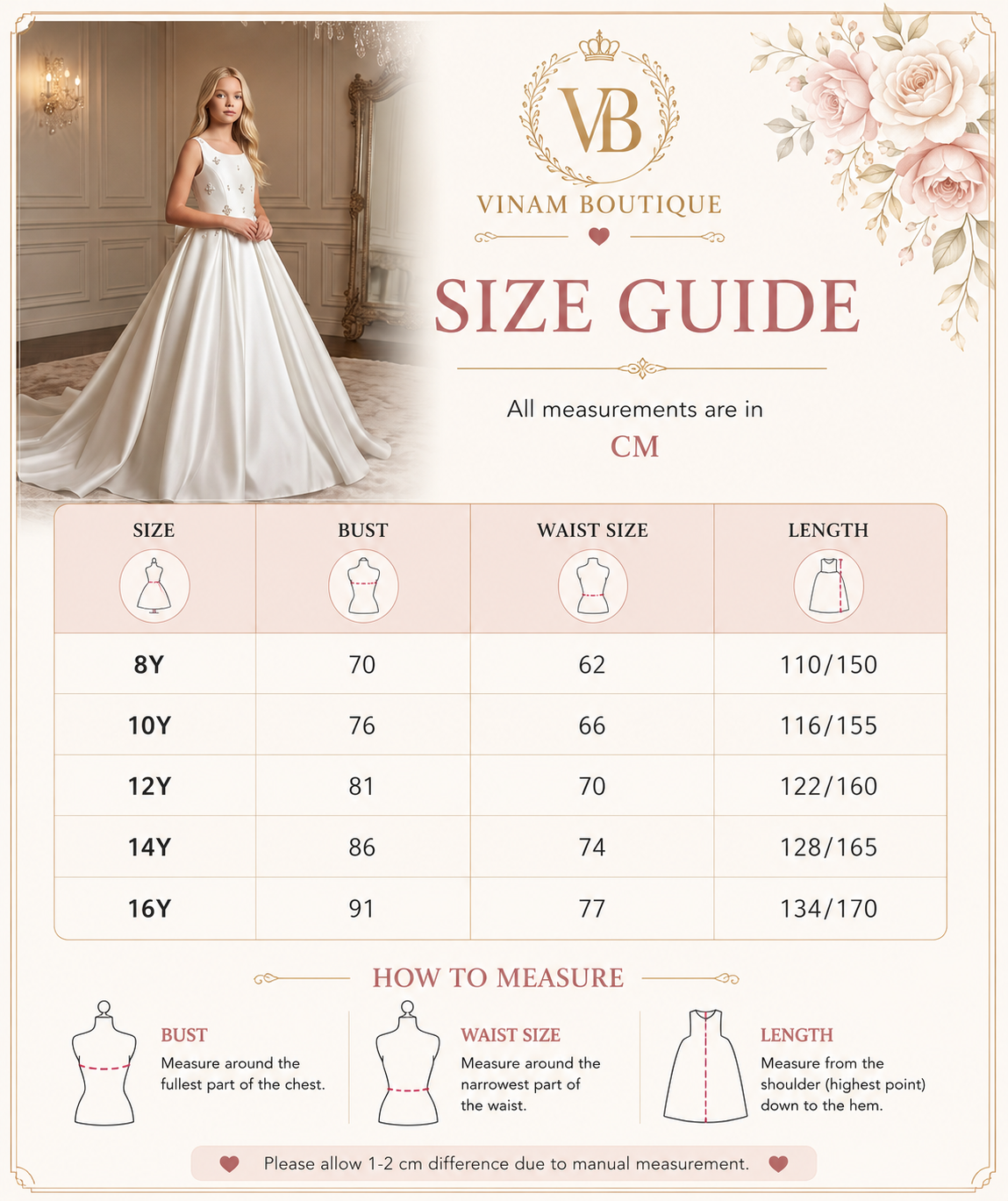 VINAM BOUTIQUE Size Chart - Ivory Satin Crystal Cross Communion Dress - All measurements in CM
