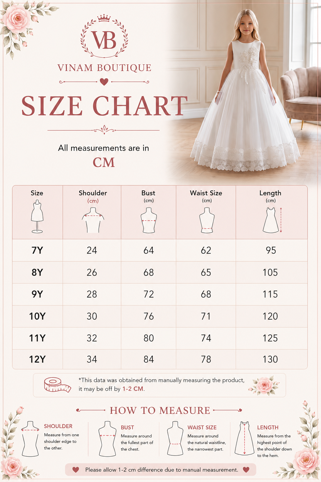VINAM BOUTIQUE Size Chart - White Satin 3D Floral Appliqué Communion Dress - All measurements in CM
