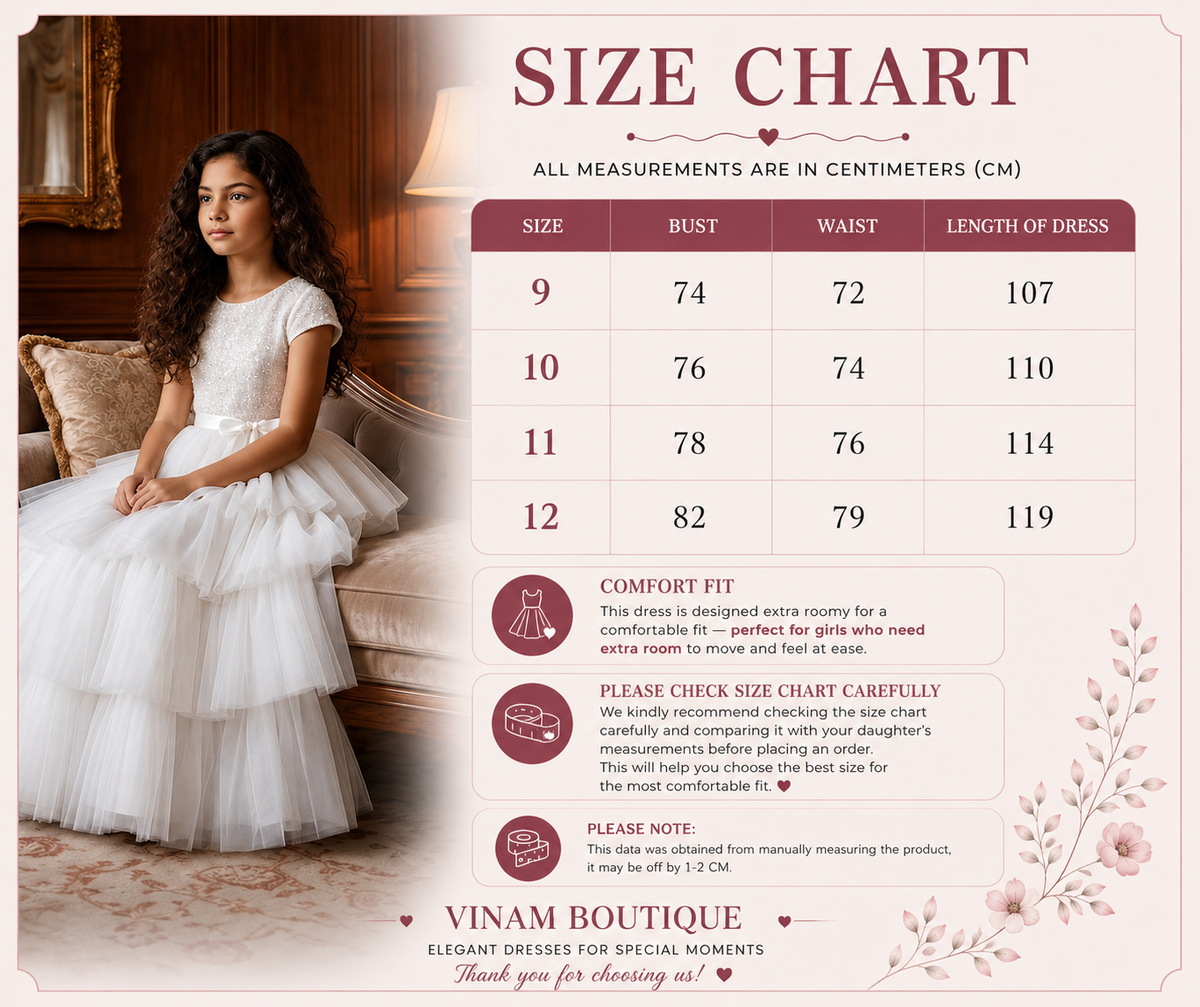 A size chart graphic for a bridal dress by Vinam Boutique, featuring a model in a white wedding gown seated on a sofa on the left, a size table with bust, waist, and length measurements from 9 to 12 on the right, and comfort fit and care instructions on a pink and beige background.
