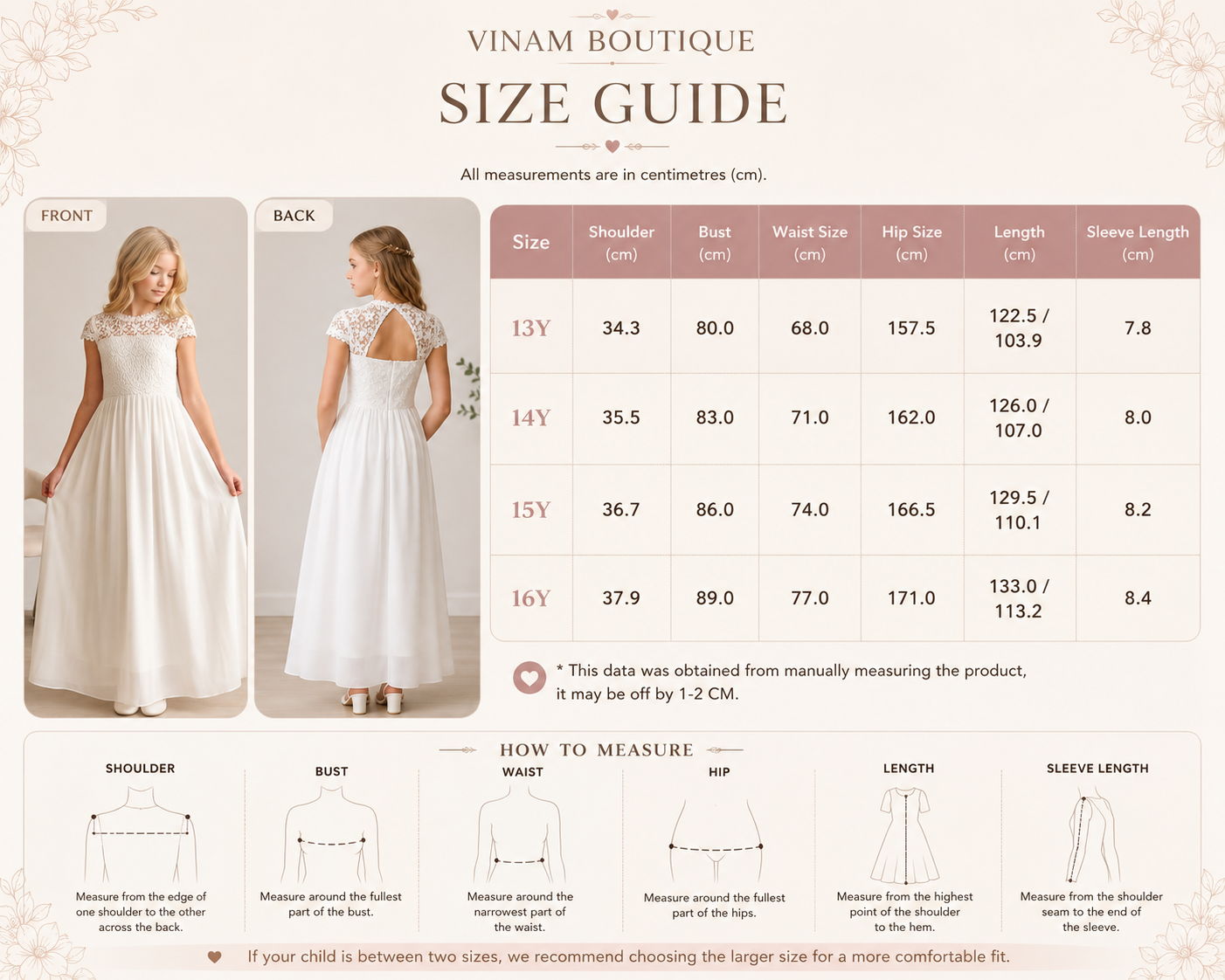 Girl in a chiffon communion dress with a size chart