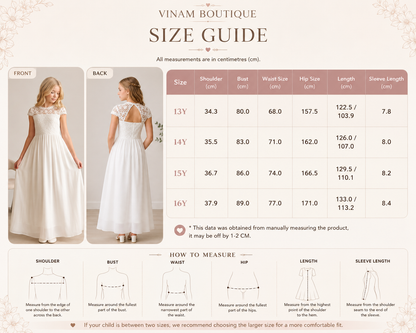 Girl in a chiffon communion dress with a size chart