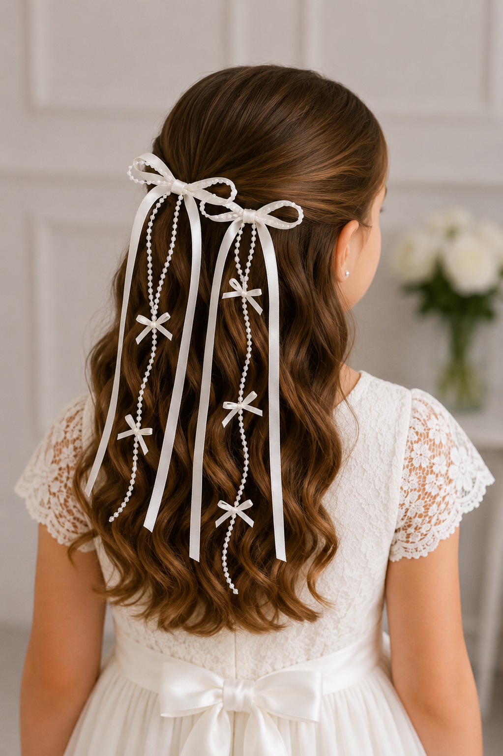 2pcs Girls Lace Satin Bow Communion Ribbon