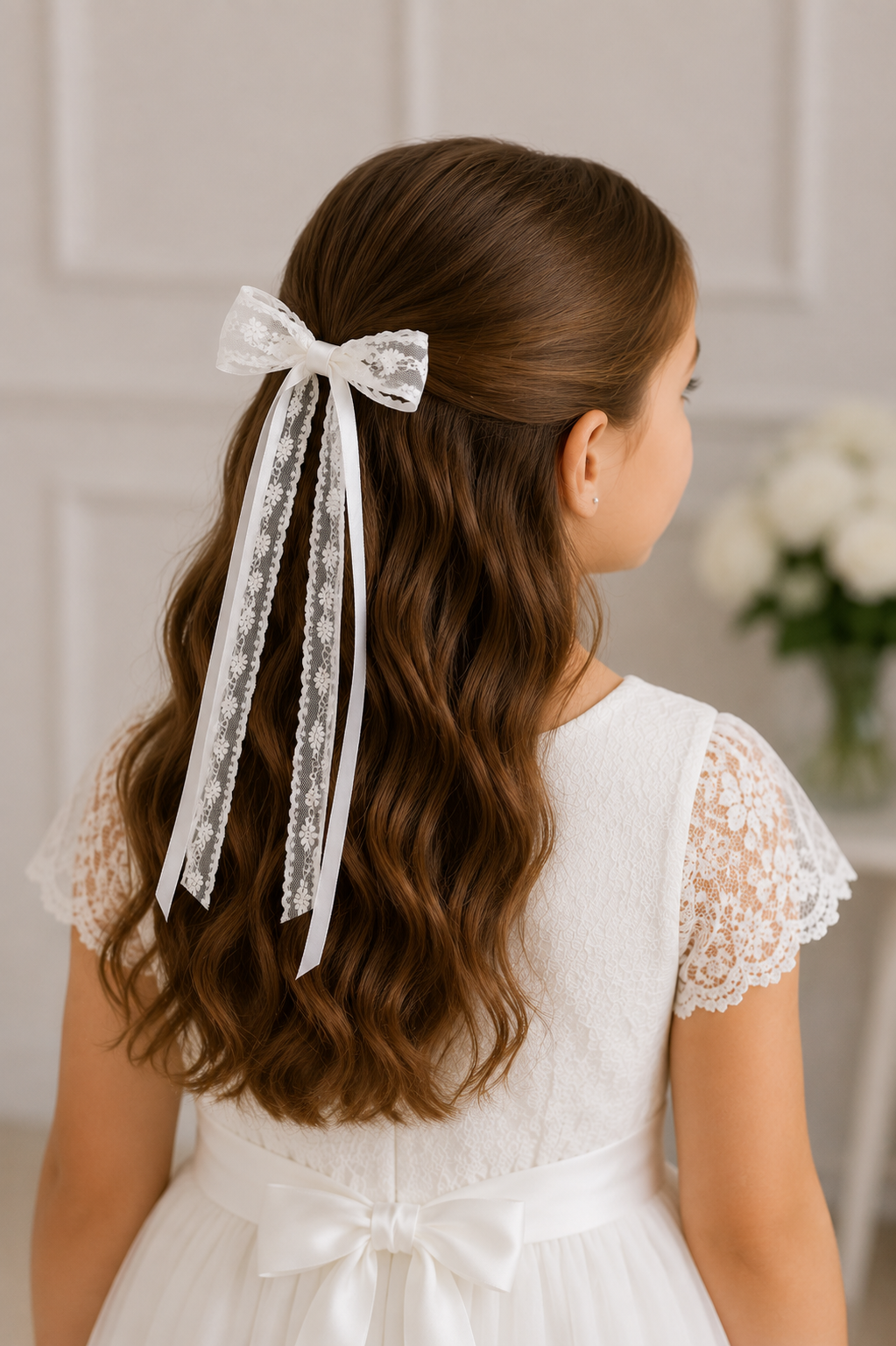 2pcs Girls Lace Satin Bow Communion Ribbon