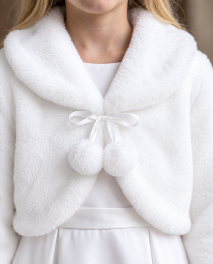 Girls White Faux Fur Bolero Jacket with Pom-Pom Tie | Communion & Special Occasion
