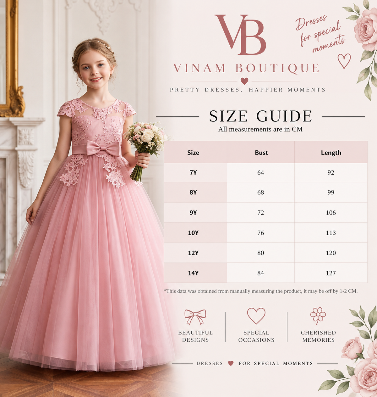 Vinam Boutique size guide for light blue flower girl dress