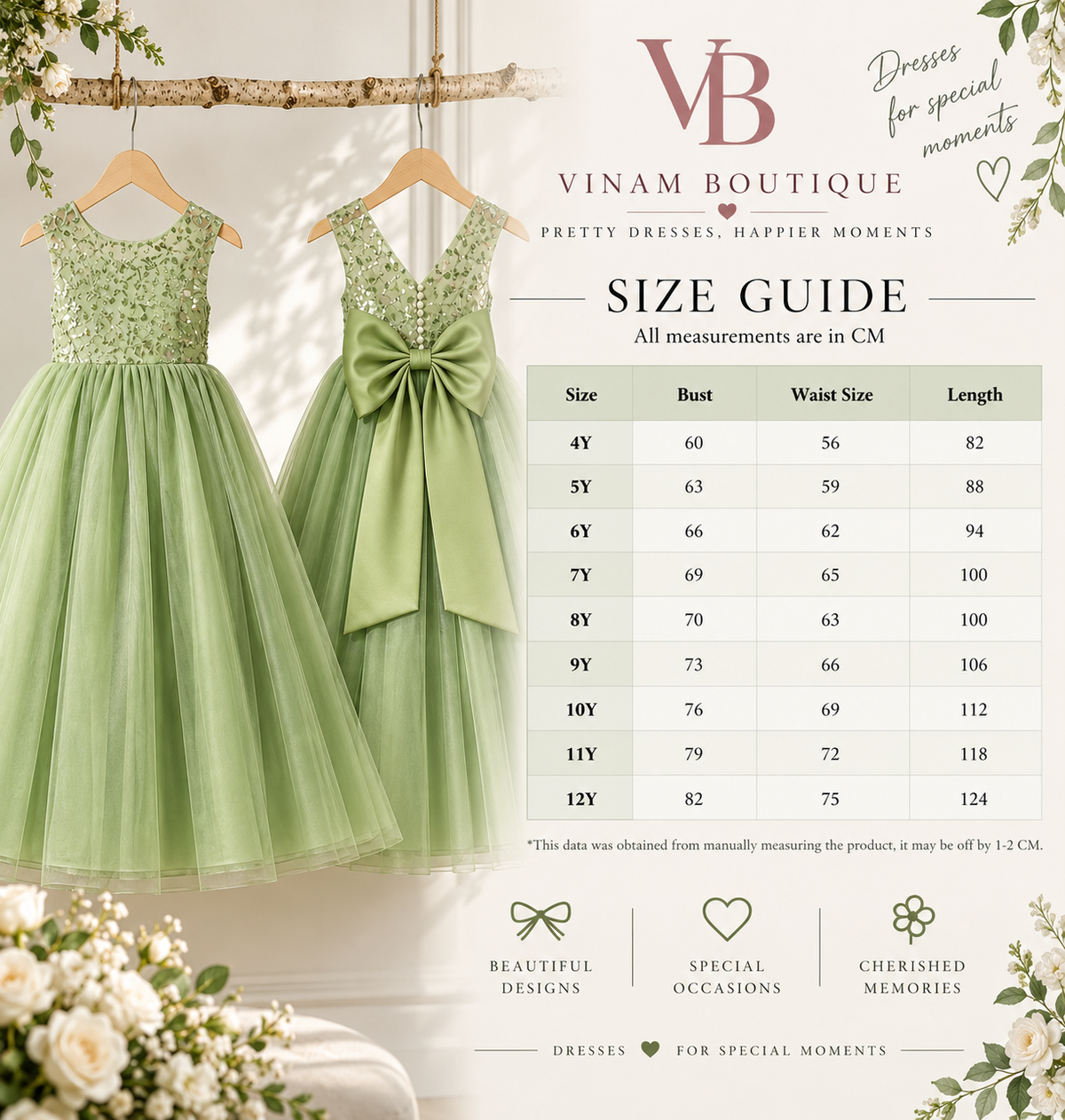 Vinam Boutique size guide for sage green flower girl dress