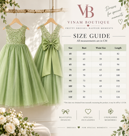 Vinam Boutique size guide for sage green flower girl dress
