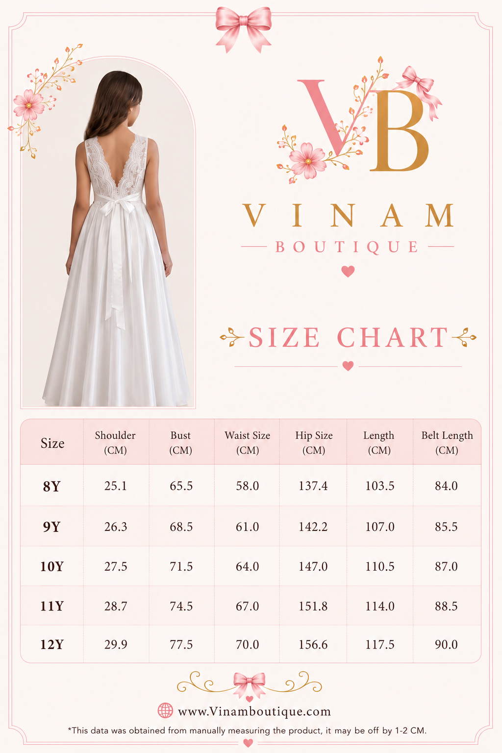Vinam Boutique size chart for girls communion dress sizes 8Y to 12Y