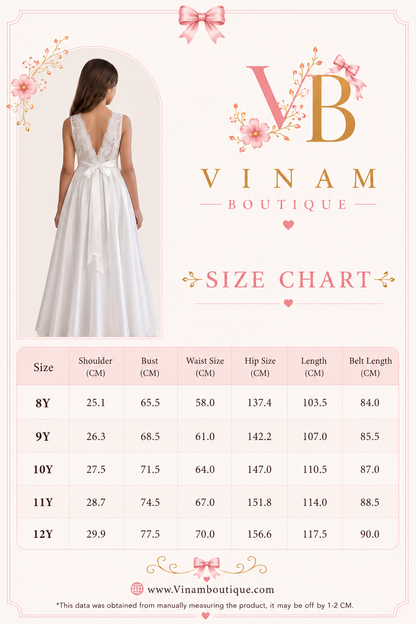 Vinam Boutique size chart for girls communion dress sizes 8Y to 12Y