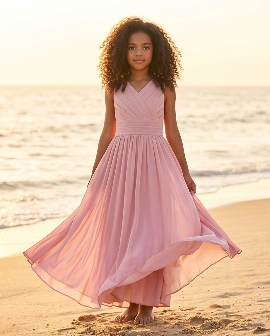 Young girl in a pink dress standing on a beach at sunset