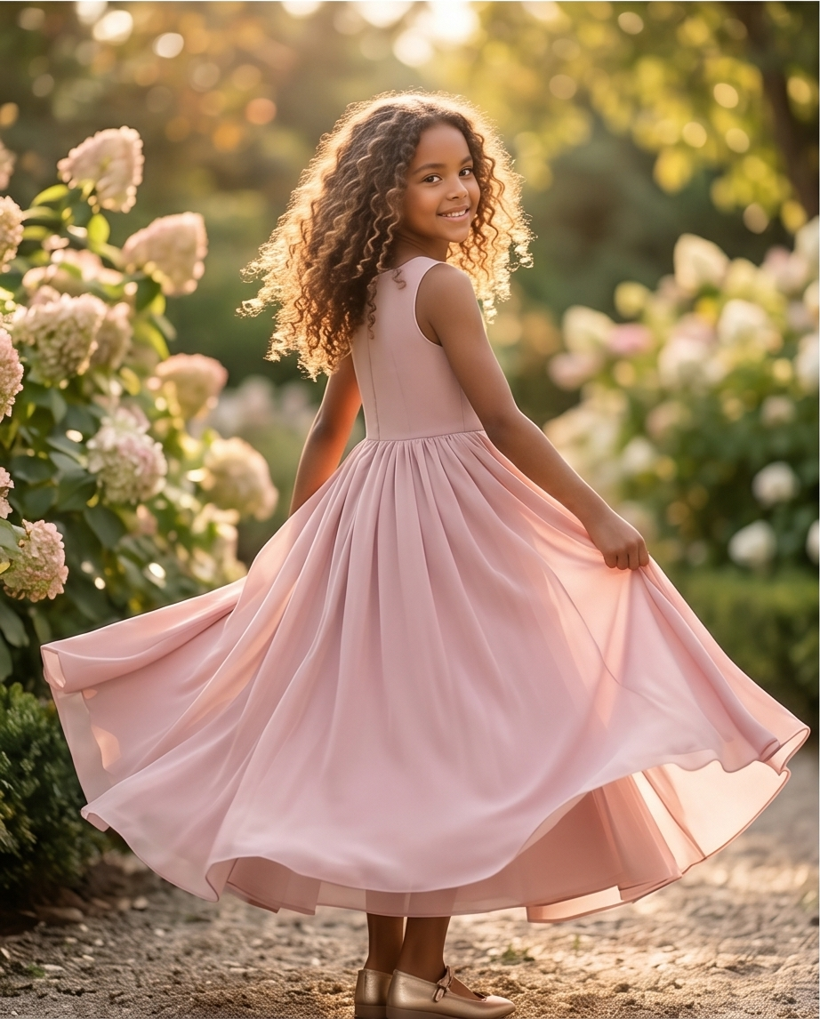 Young girl in a pink dress standing in a garden with flowers