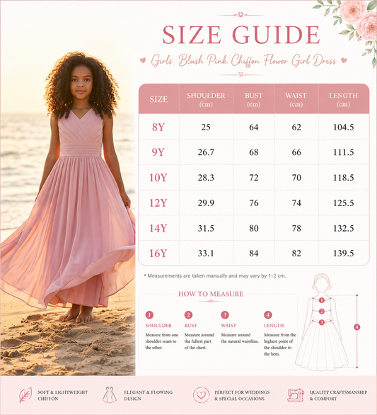 Size guide for a girls' black pink chiffon flower girl dress with a model wearing the dress on a beach.