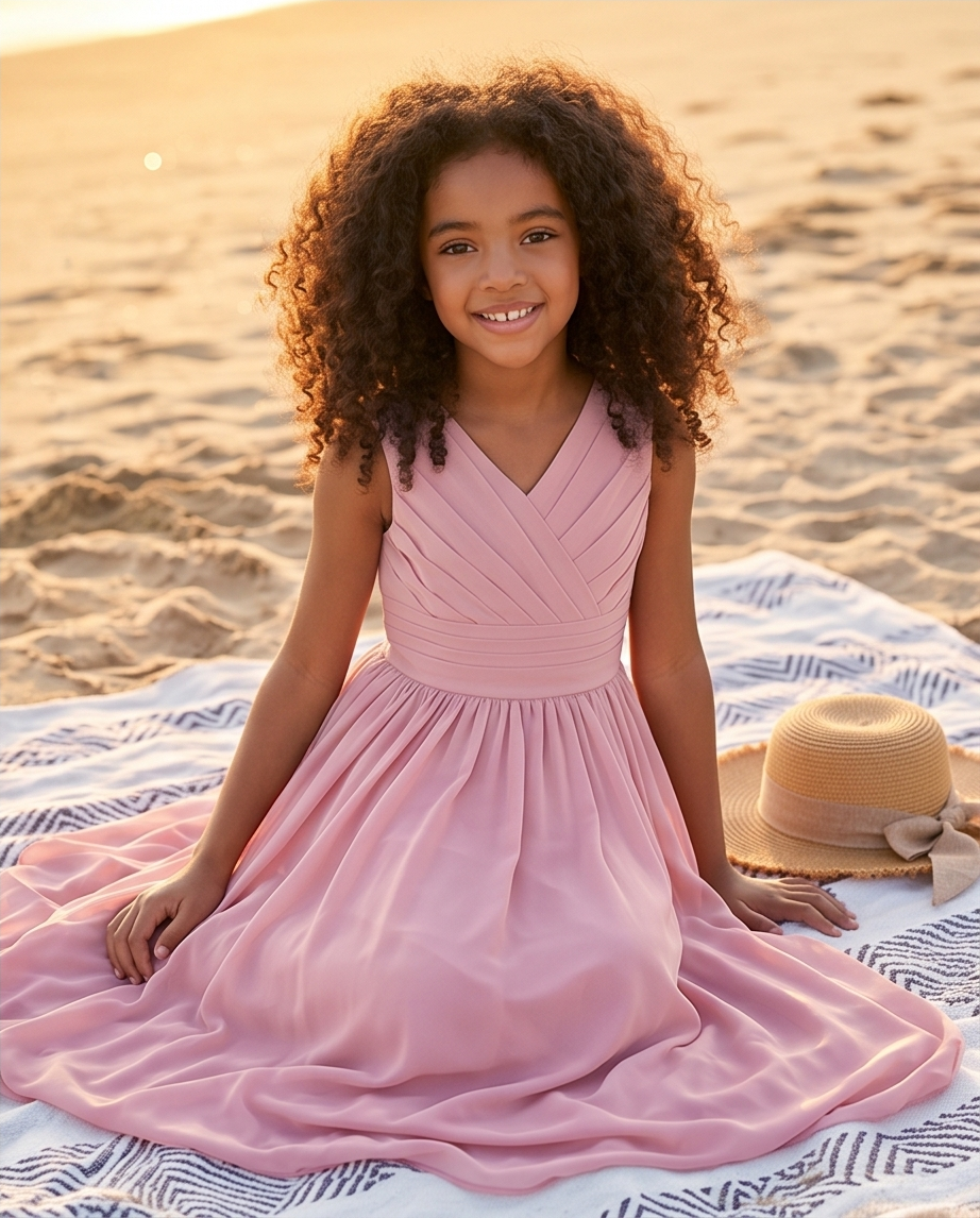Young girl in a pink dress sitting on a beach with a straw hat nearby.