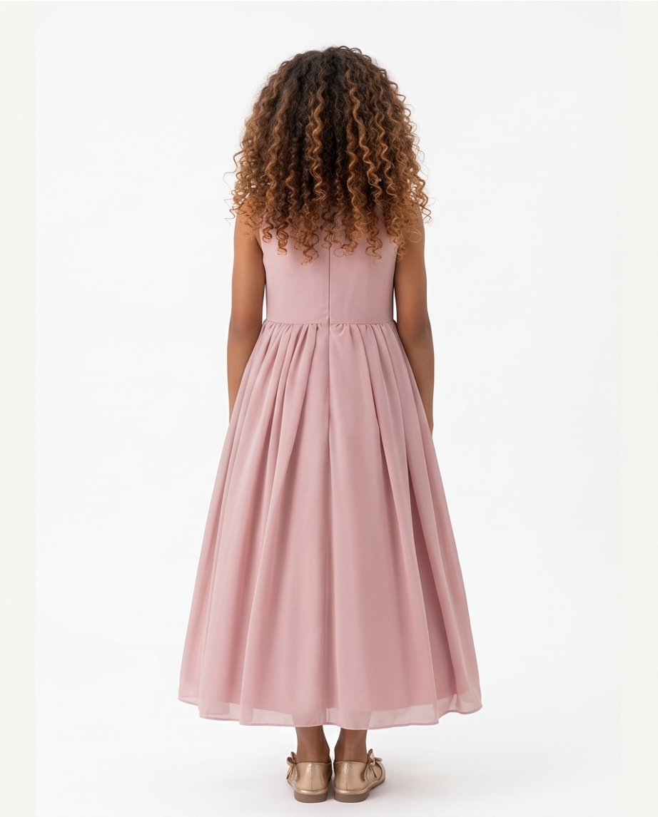 Girl wearing a pink dress on a white background