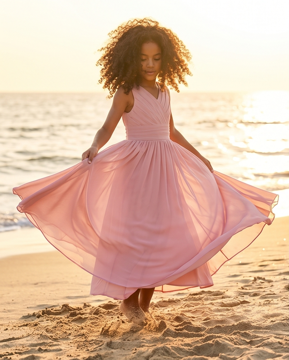 Girl in a pink dress standing on a beach at sunset