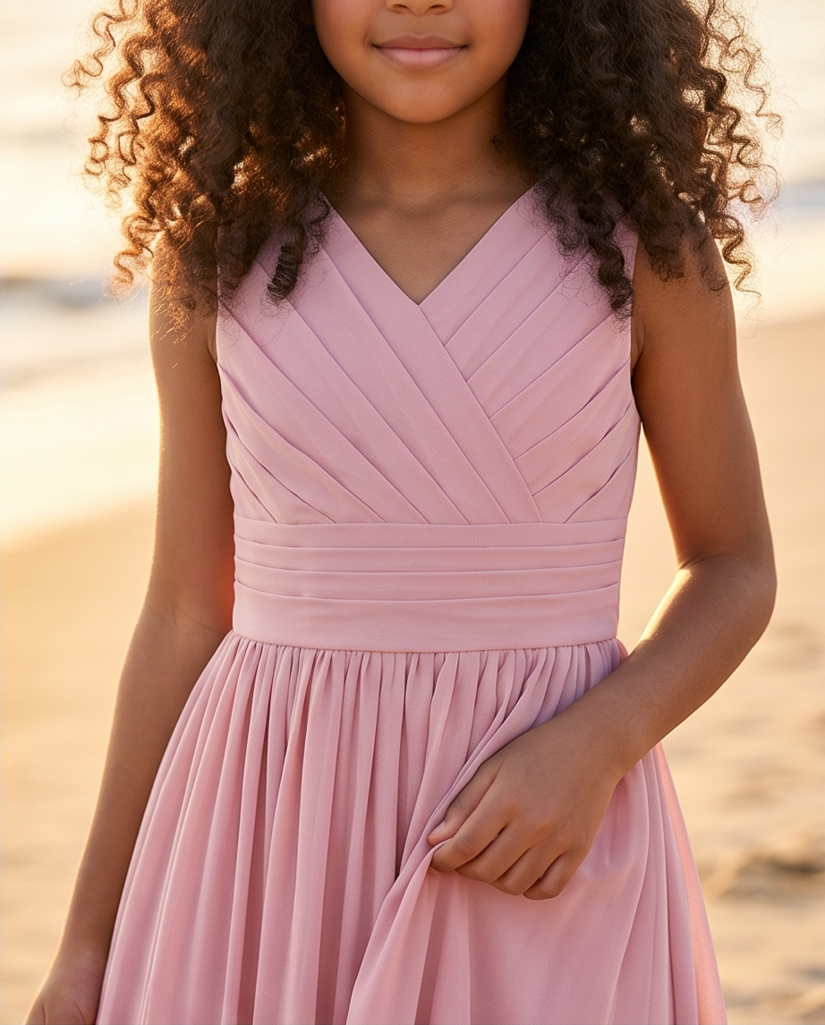 Young girl wearing a pink dress on a beach