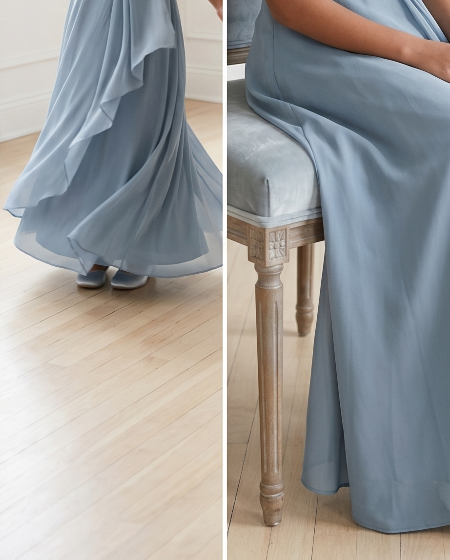 Light blue dress shown on a person sitting on a chair and standing on a wooden floor.
