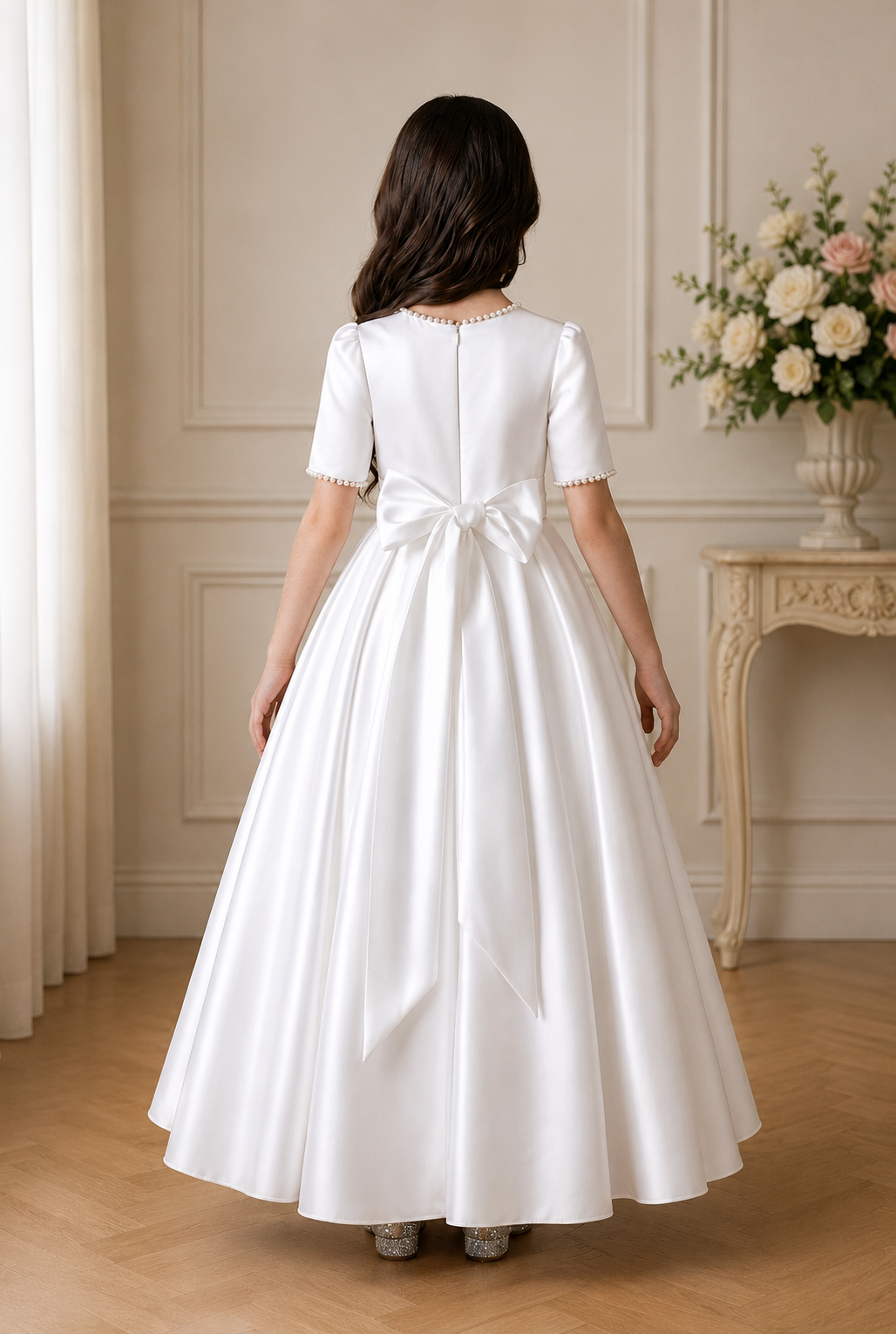 Girl wearing a white dress in an elegant room with floral arrangements.