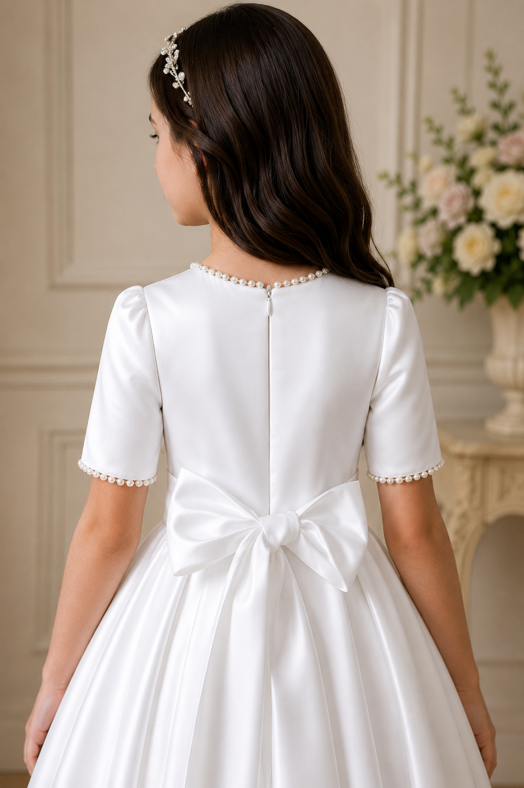 Young girl in a white dress with a bow, standing in a room with a decorative background.