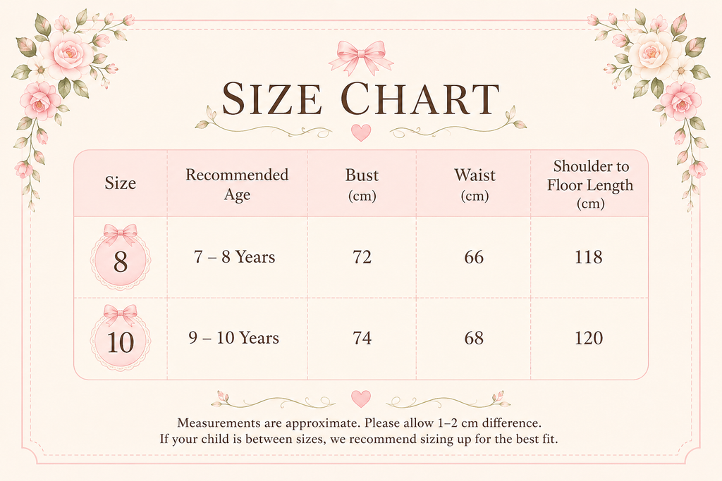 Size chart for children's clothing with floral decorations on a pink background