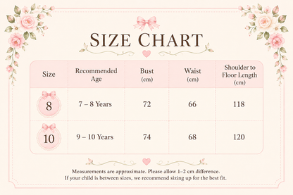 Size chart for children's clothing with floral decorations on a pink background