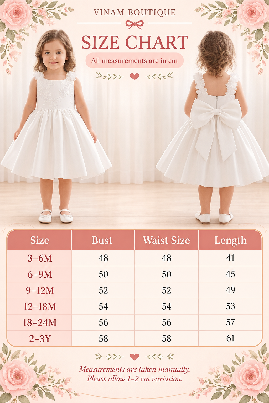 White Floral Strap Bow Flower Girl Dress – 2-3Y