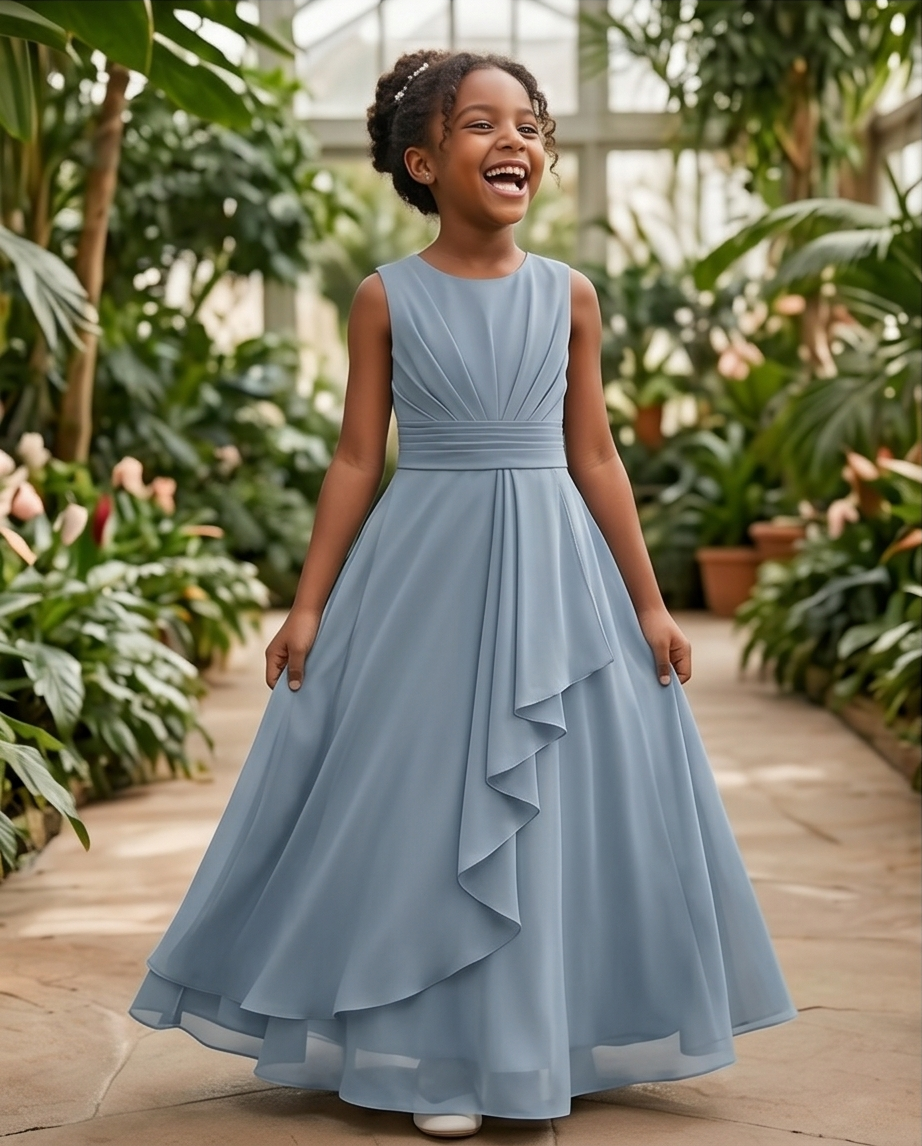 Young girl in a light blue dress standing in a greenhouse