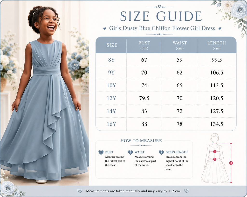 Dusty blue flower girl dress with size guide and measurement chart.