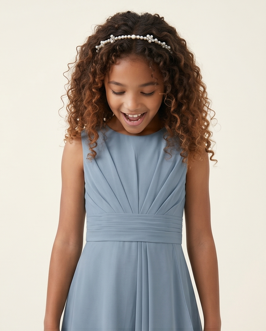 Young girl wearing a light blue dress with a plain background