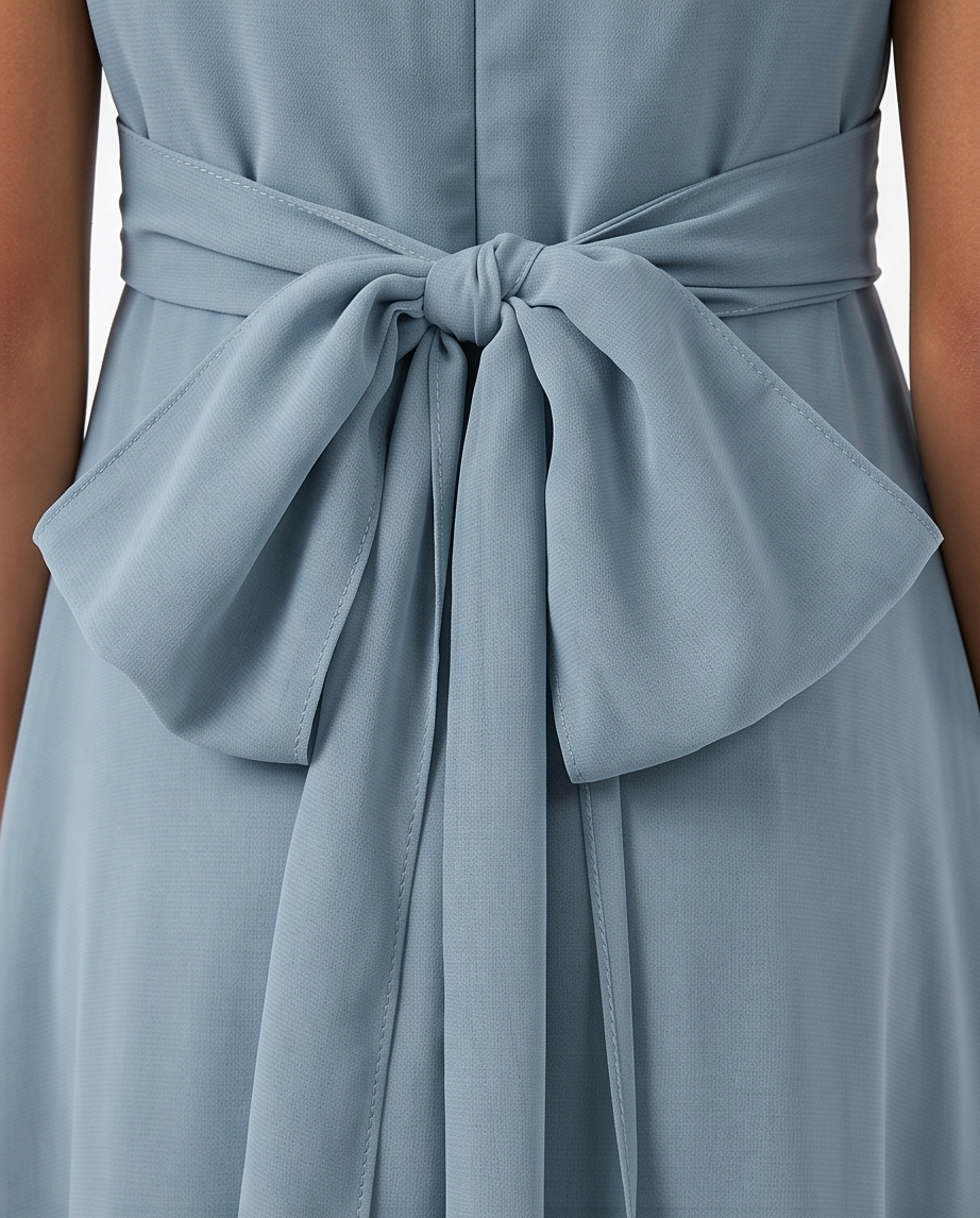 Light blue dress with a large bow detail on a neutral background