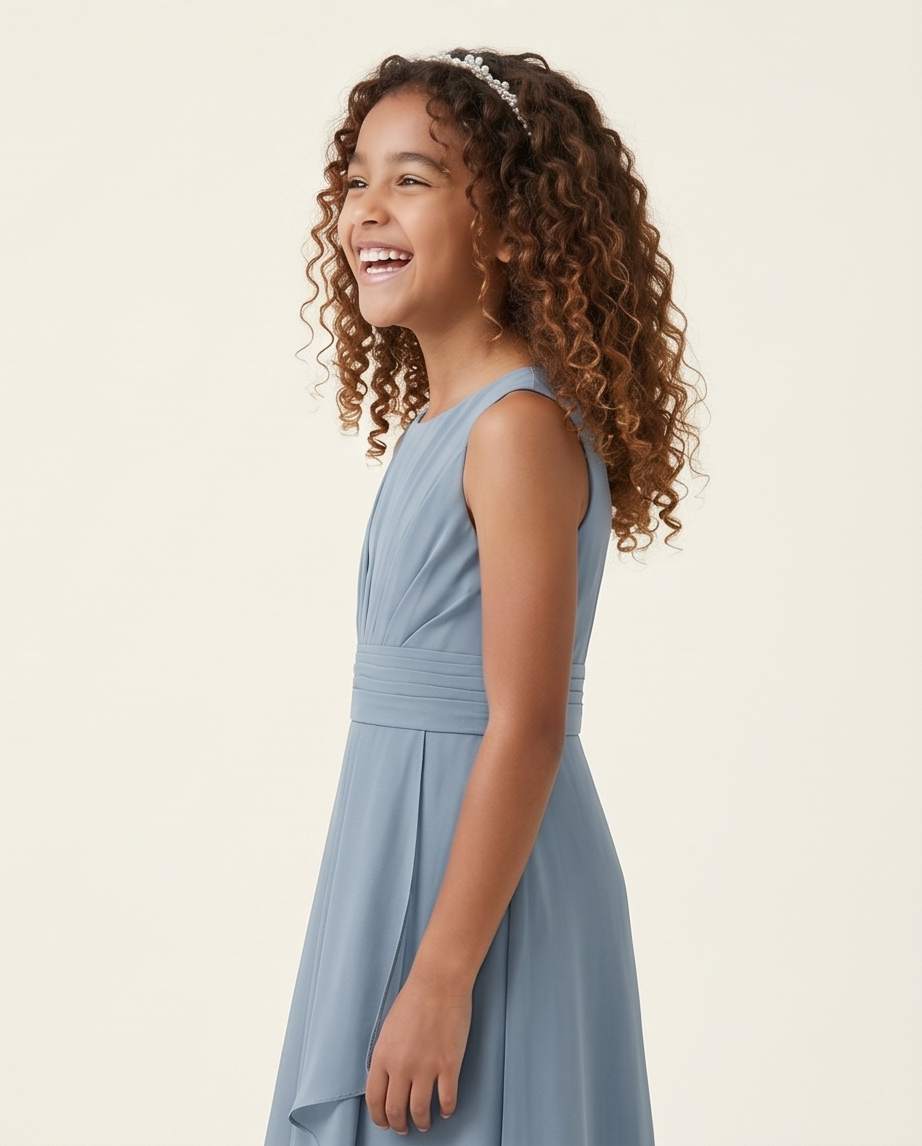 Young girl wearing a light blue dress against a beige background