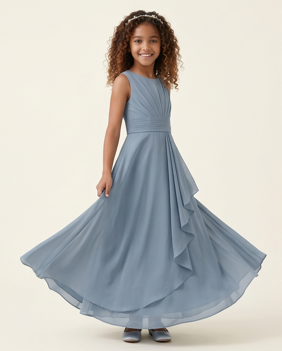 Young girl wearing a blue dress against a beige background