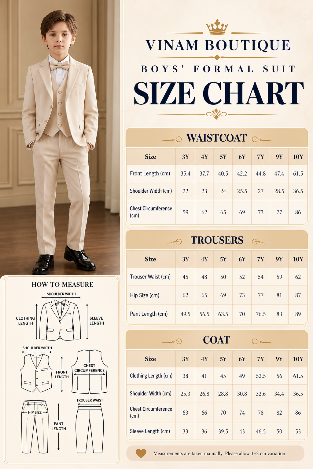 Boys’ Beige 4-Piece Formal Suit – Coat, Waistcoat, Trousers & Bow Tie