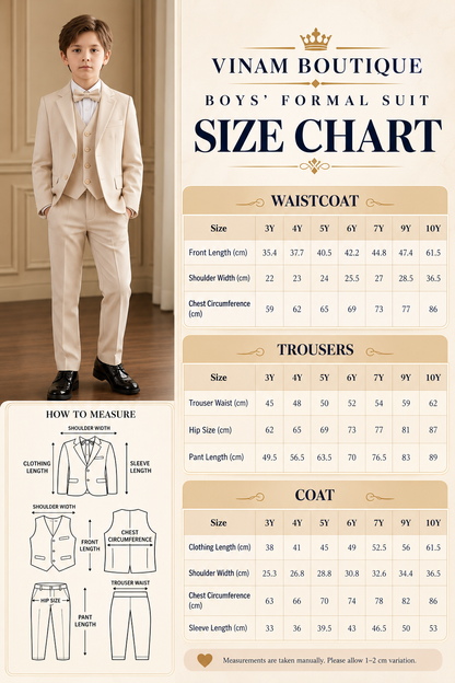 Boys’ Beige 4-Piece Formal Suit – Coat, Waistcoat, Trousers & Bow Tie