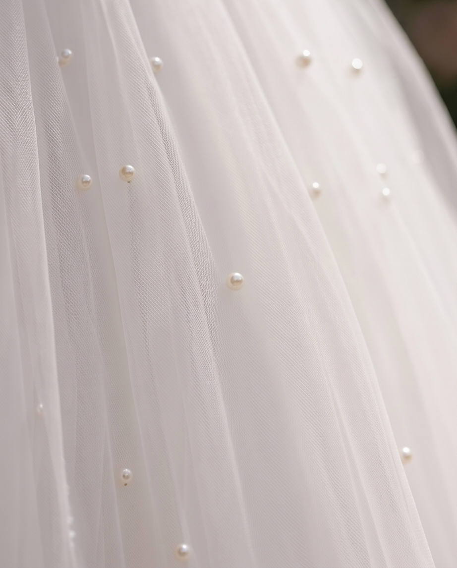 Close-up of a white tulle fabric with small pearls, likely from a wedding dress or bridal gown.