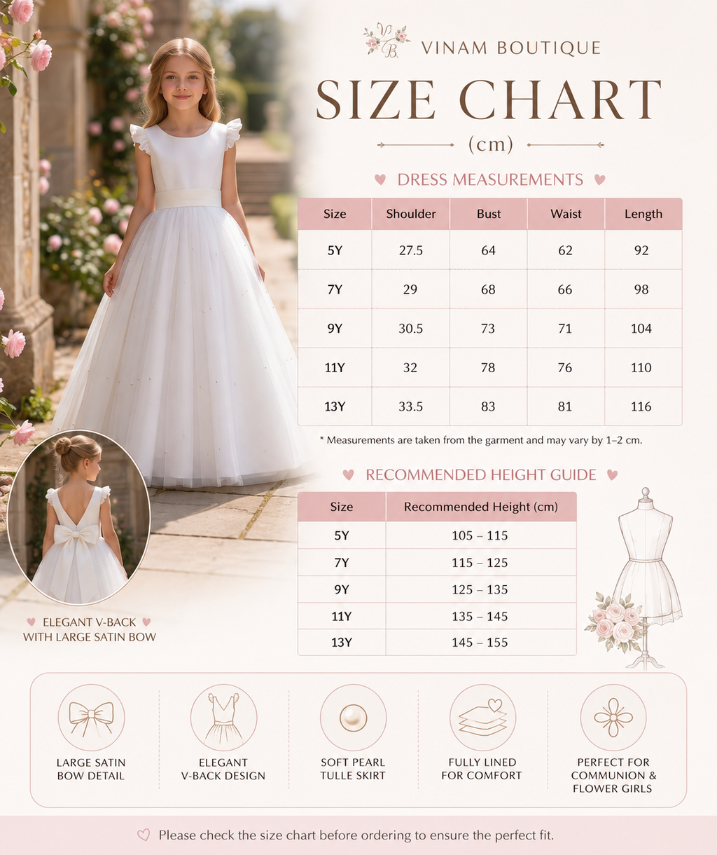 Size chart for a white dress with measurements and recommended height guide, branded as Vinam Boutique.