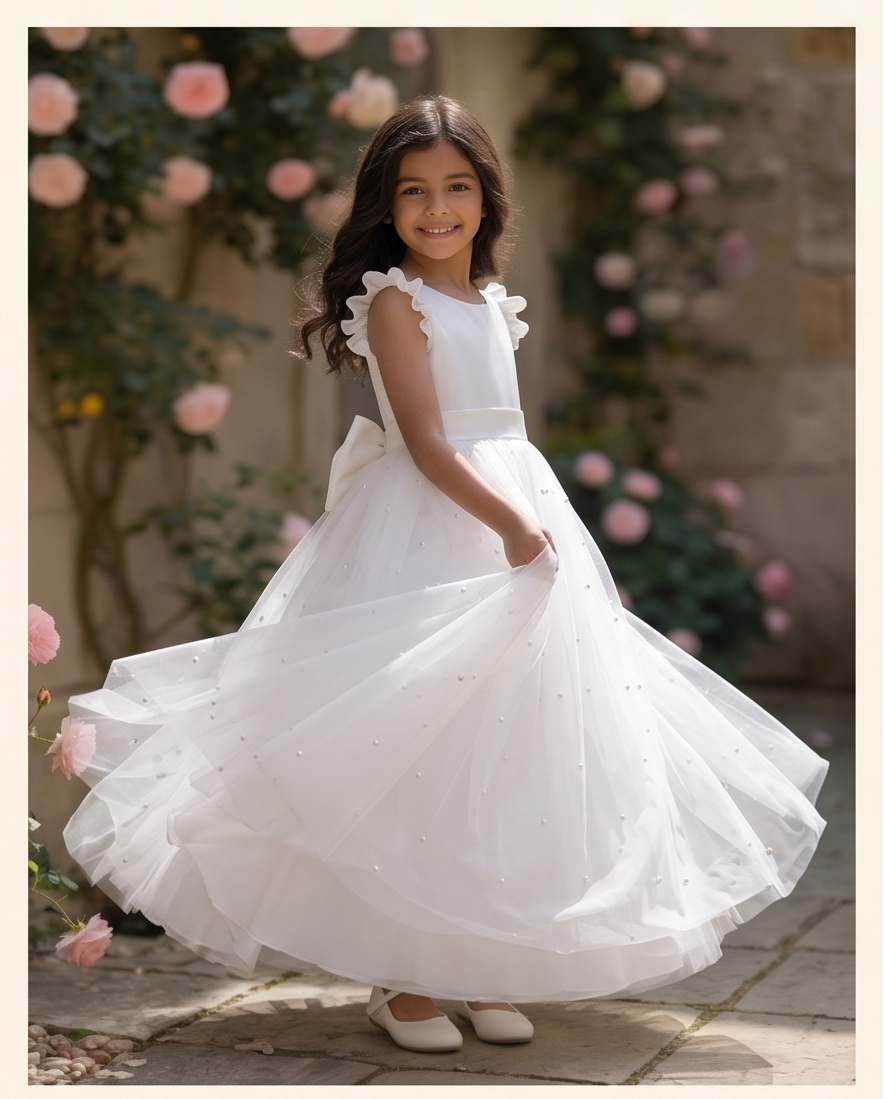 Young girl in a white dress standing outdoors with floral decorations.