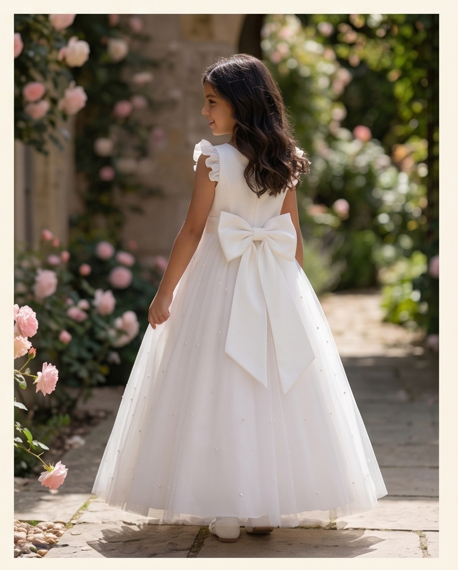 Young girl in a white dress with a large bow standing in a garden with flowers.