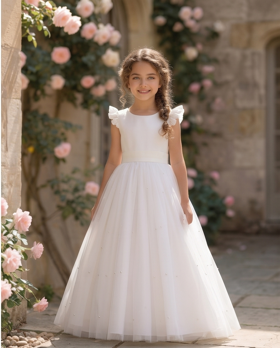Young girl in a white dress standing in front of a stone building with pink flowers.