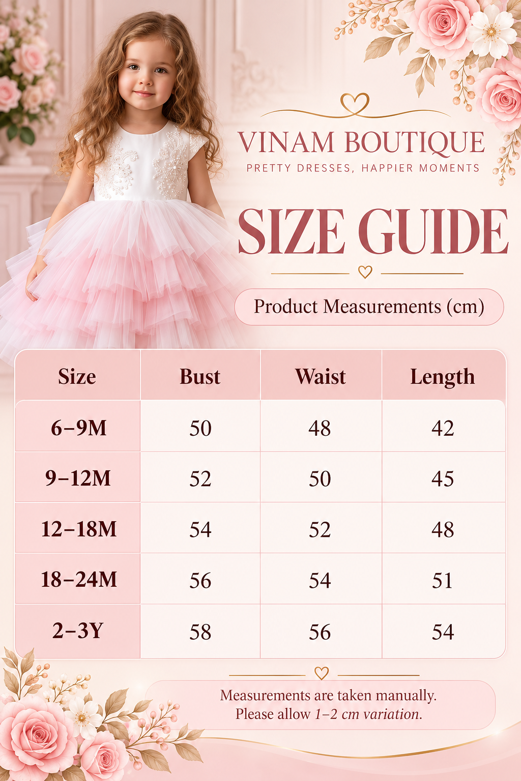 VINAM BOUTIQUE Blush Blossom size guide with bust, waist and length measurements in centimetres from 6–9M to 2–3Y.