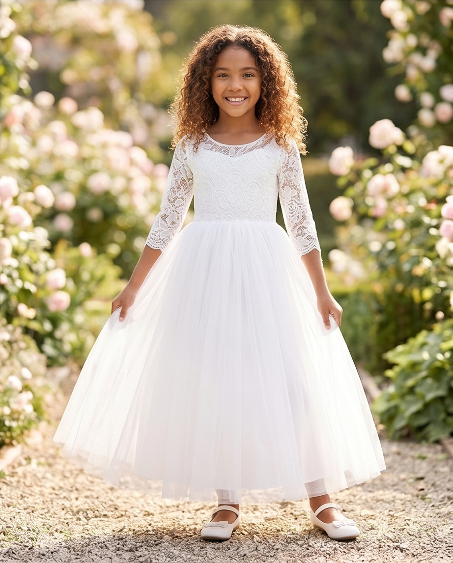 Young girl in a white lace dress standing in a garden with flowers.