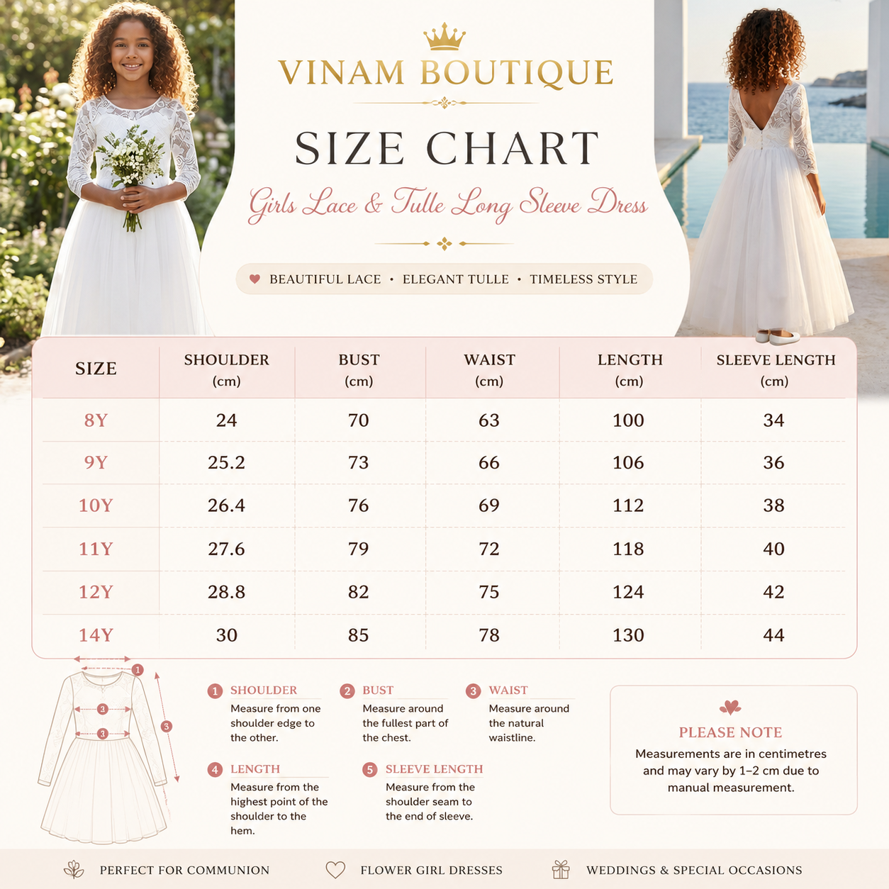 Vinam Boutique size chart for girls lace and tulle long sleeve dress with two models wearing the dress.