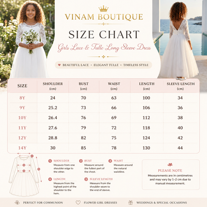 Vinam Boutique size chart for girls lace and tulle long sleeve dress with two models wearing the dress.