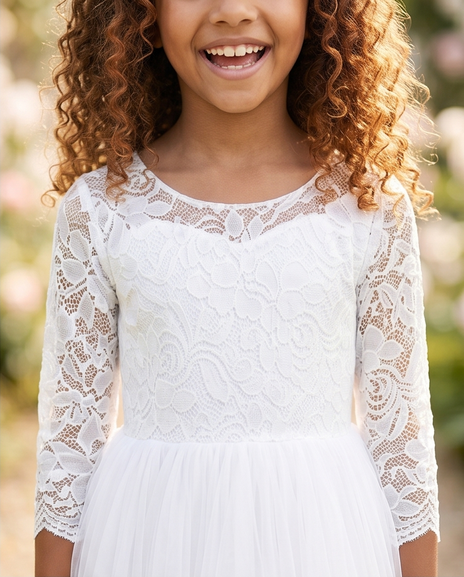Young girl wearing a white lace dress with a blurred natural background