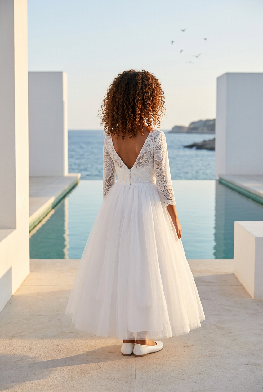 Girl in a white dress standing by a pool with ocean view